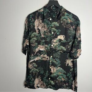All Saints Thicket Short Sleeve Button Down Shirt Mens Large Black Green